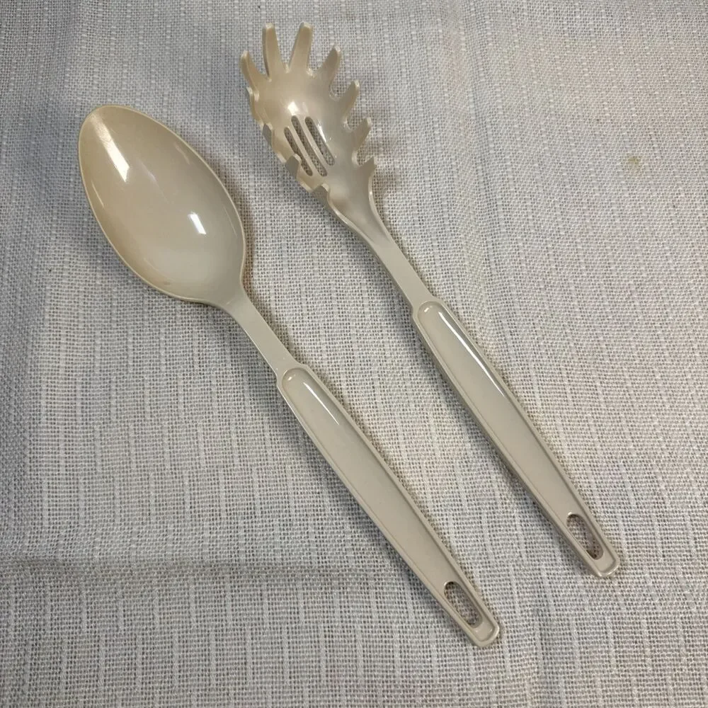 Vintage Ecko Plastic Serving Spoon & Cooking Slotted Spaghetti Spoon Almond
